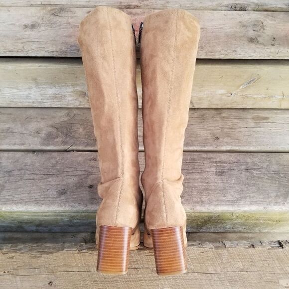Vintage 90s y2k Candies Bratz Camel Tan Faux Suede Chunky Heel Sock Tall Boots 7 - Picture 5 of 12